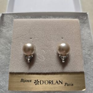 D'Orlan Paris Pearl and Crystal Silver Stud Earrings, Brand New in Gift Box